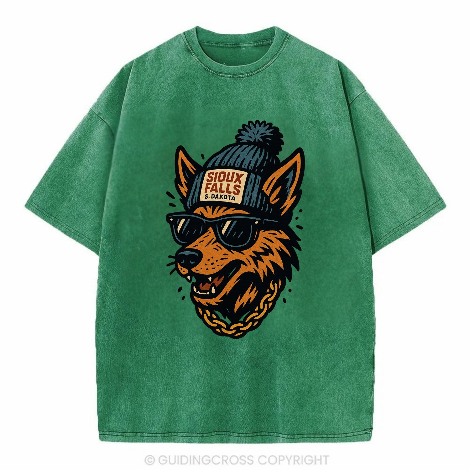 South Dakota Coyote wearing Sioux Falls beanie with pom pom and wayfarer - Vintage T-shirt - Forest Mist(Green)