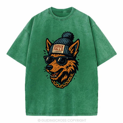 South Dakota Coyote wearing Sioux Falls beanie with pom pom and wayfarer - Vintage T-shirt - Forest Mist(Green)