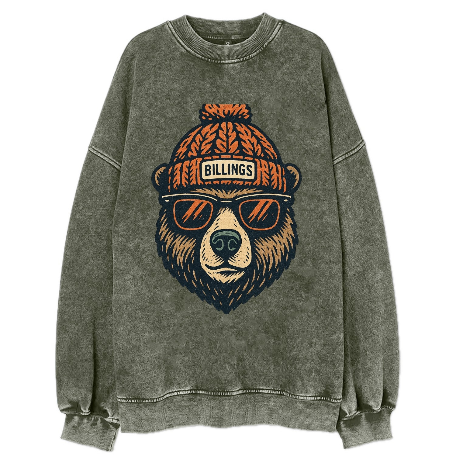 Montana Grizzly Bear wearing Billings beanie with pom pom and wayfarer - Vintage Sweatshirt - Forest Mist(Green)