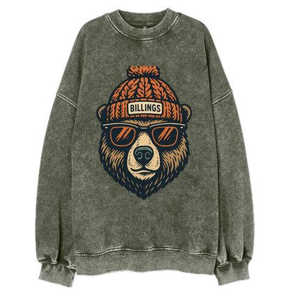 Montana Grizzly Bear wearing Billings beanie with pom pom and wayfarer - Vintage Sweatshirt - Forest Mist(Green)