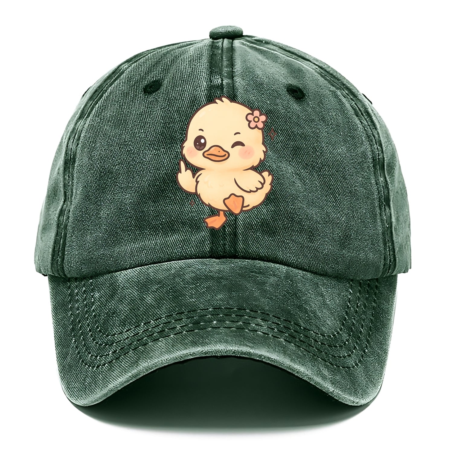 fluffy baby duck with small flower, one webbed foot raised sassily - Classic Cap - Forest Mist(Green)