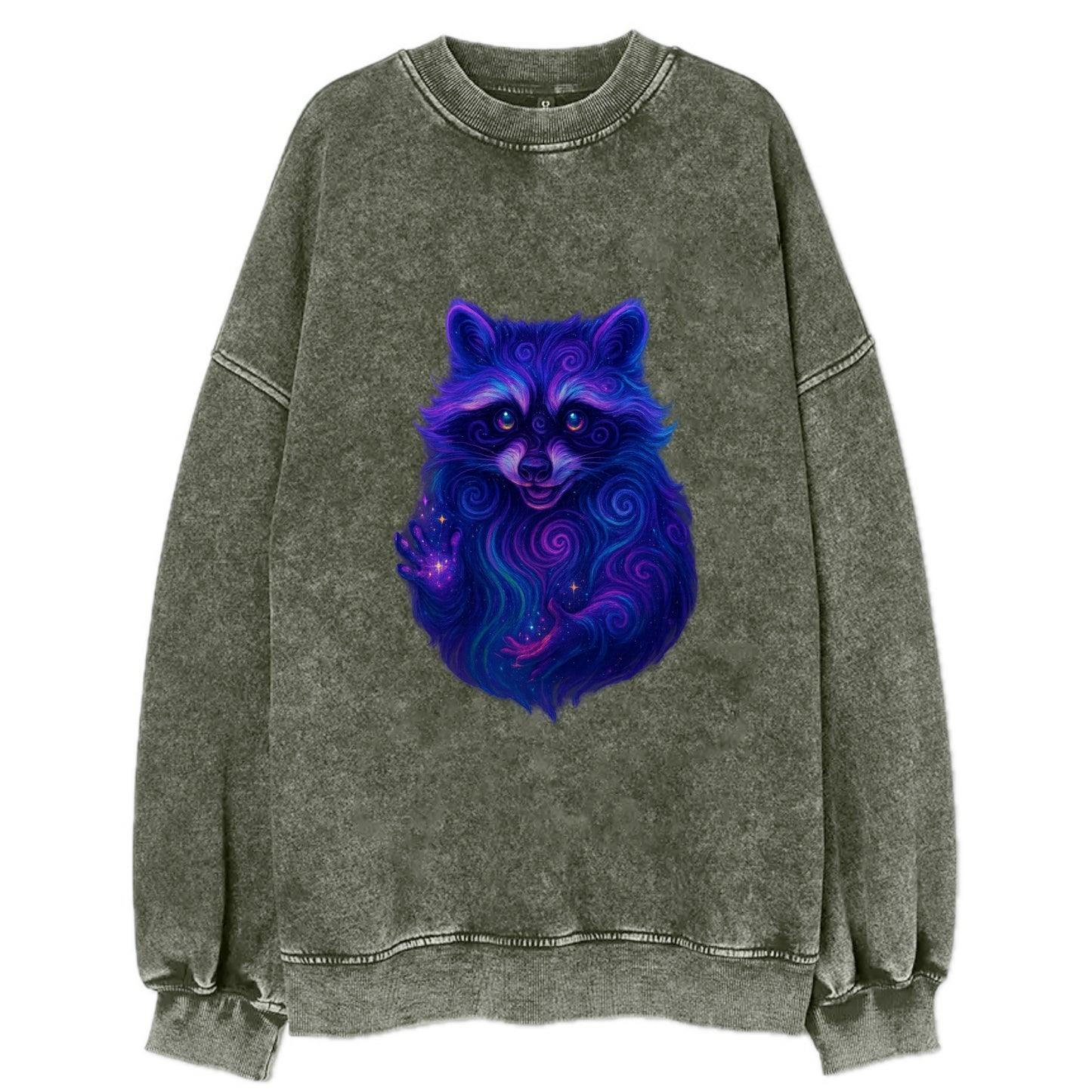Playful raccoon with mask swirling in hypnotic patterns, neon purple and green - Vintage Sweatshirt - Forest Mist(Green)