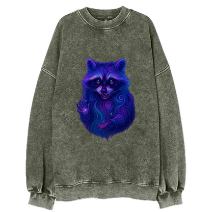 Playful raccoon with mask swirling in hypnotic patterns, neon purple and green - Vintage Sweatshirt - Forest Mist(Green)