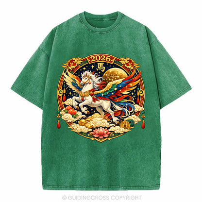 CELESTIAL HORSE | Heavenly horse among clouds and stars | Wings of flowing energy - Vintage T-shirt - Forest Mist(Green)