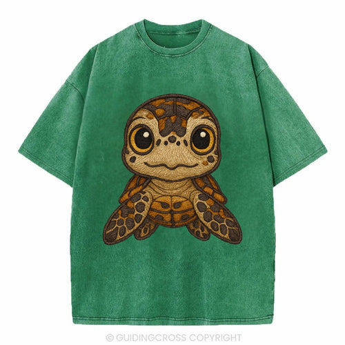 Baby Hawksbill Turtle - amber and brown shell pattern, curious golden eyes, - Vintage T-shirt