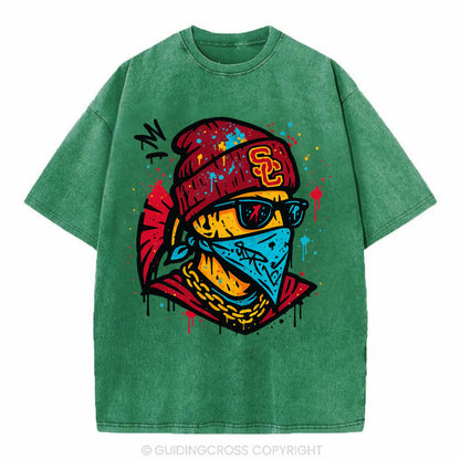 Los Angeles Trojan wearing USC beanie with SC patch - Vintage T-shirt - Forest Mist(Green)