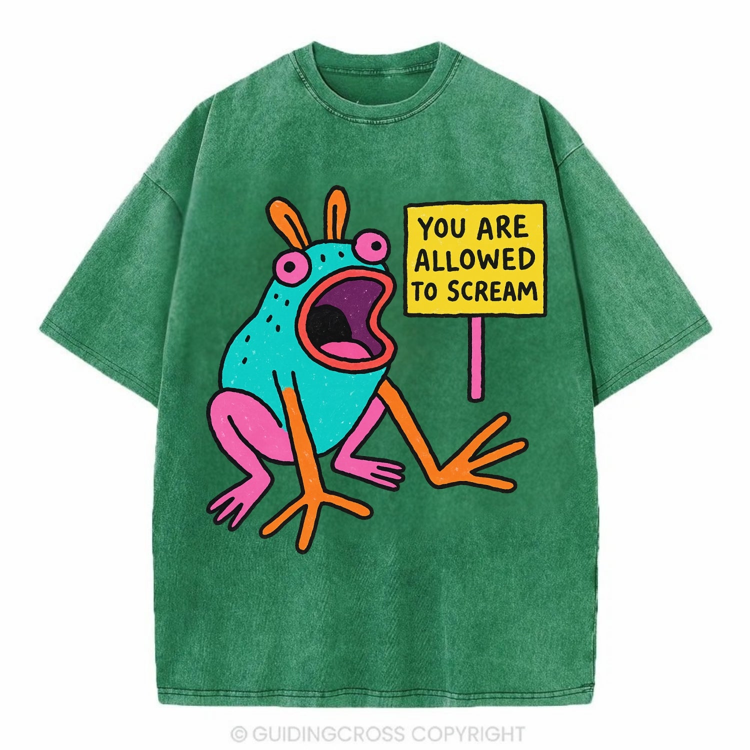 YOU ARE ALLOWED TO SCREAM | Open-mouthed frog mid-scream - Vintage T-shirt - Forest Mist(Green)