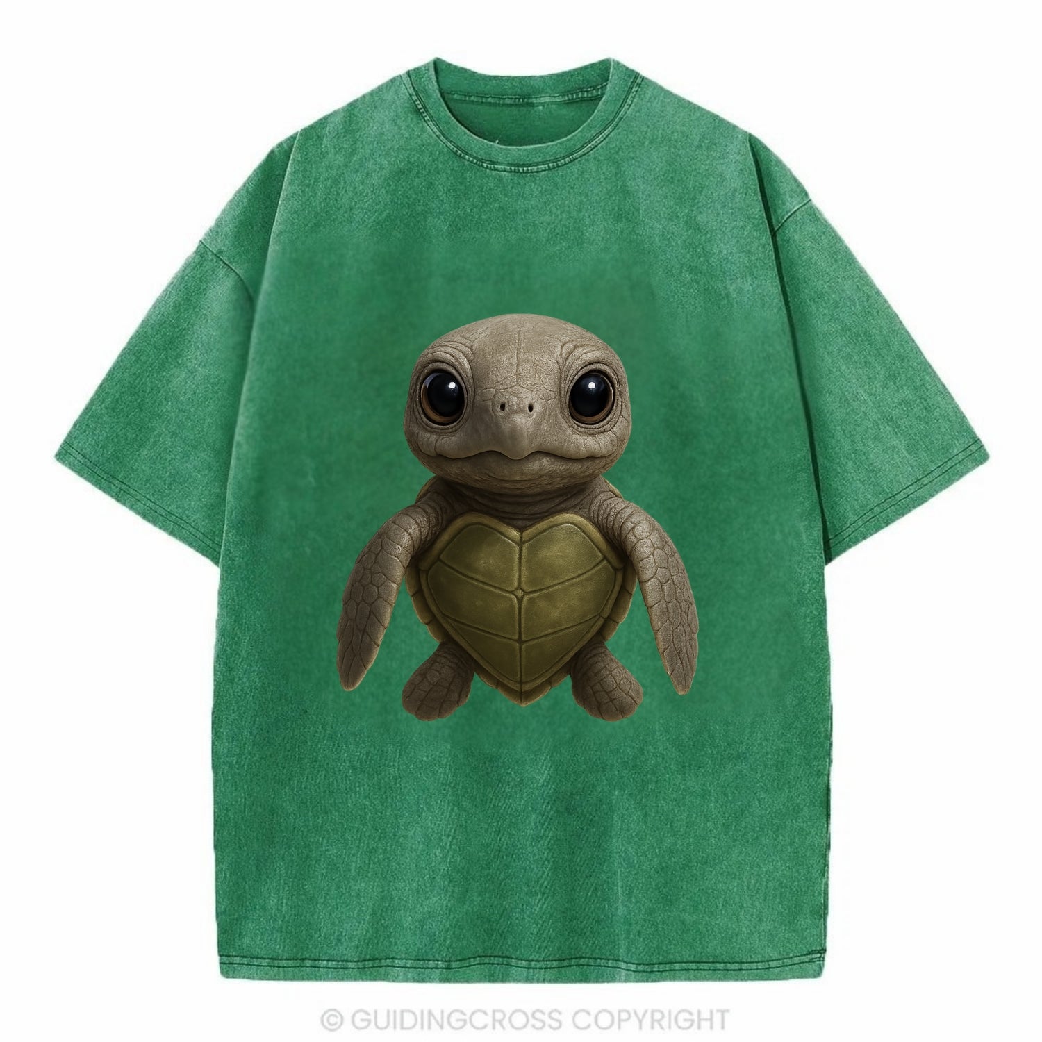 Baby Olive Ridley Turtle - olive green shell, heart-shaped carapace, bright eyes, - Vintage T-shirt - Forest Mist(Green)