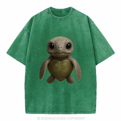 Baby Olive Ridley Turtle - olive green shell, heart-shaped carapace, bright eyes, - Vintage T-shirt - Forest Mist(Green)