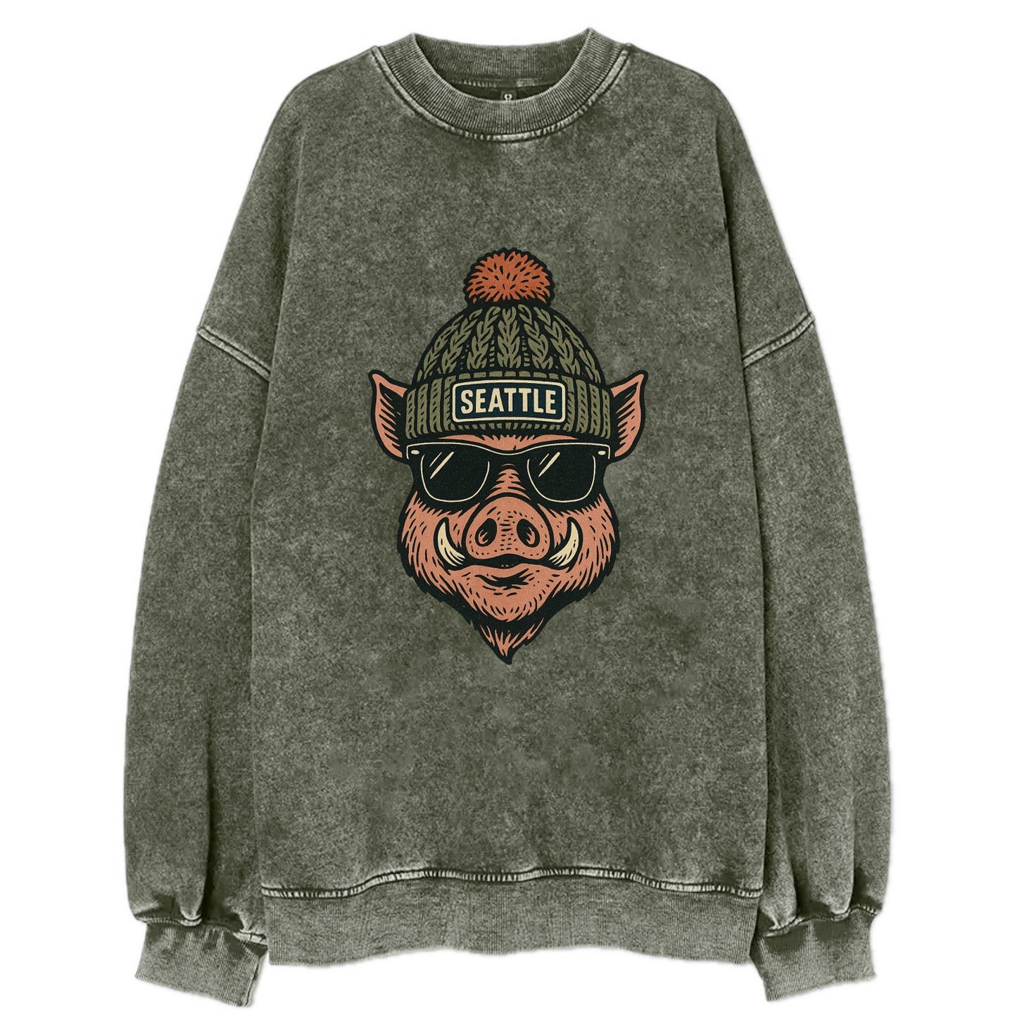 Washington Hog wearing Seattle beanie with pom pom and wayfarer sunglasses - Vintage Sweatshirt - Forest Mist(Green)
