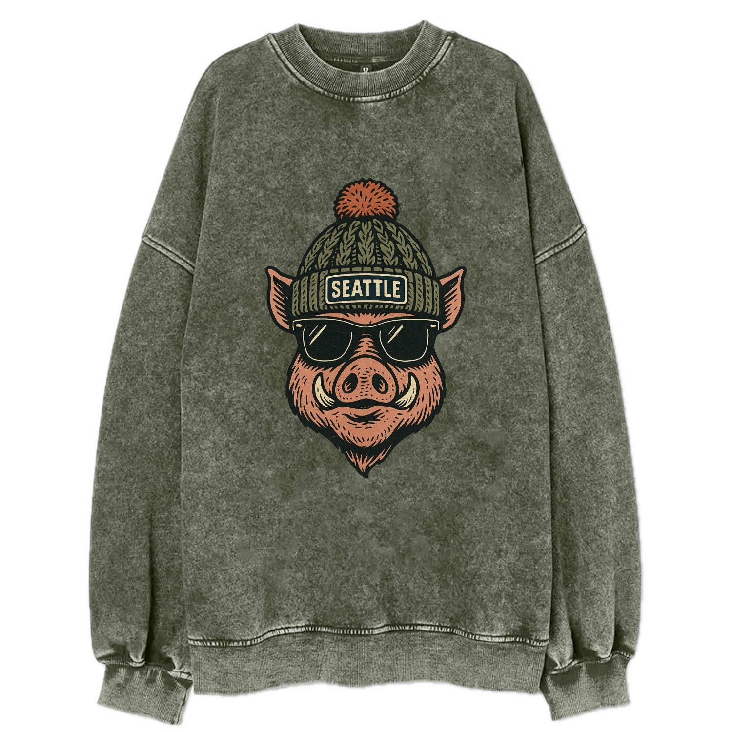 Washington Hog wearing Seattle beanie with pom pom and wayfarer sunglasses - Vintage Sweatshirt - Forest Mist(Green)