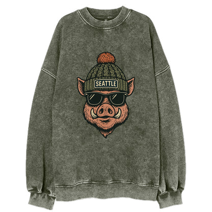 Washington Hog wearing Seattle beanie with pom pom and wayfarer sunglasses - Vintage Sweatshirt - Forest Mist(Green)