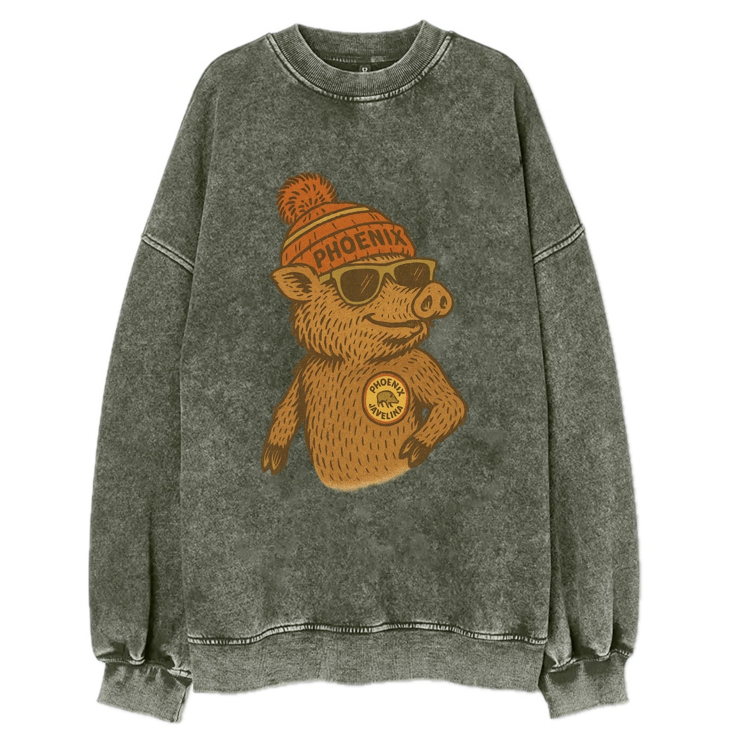 Phoenix Javelina wearing Phoenix beanie with pom pom and wayfarer sunglasses - Vintage Sweatshirt - Forest Mist(Green)