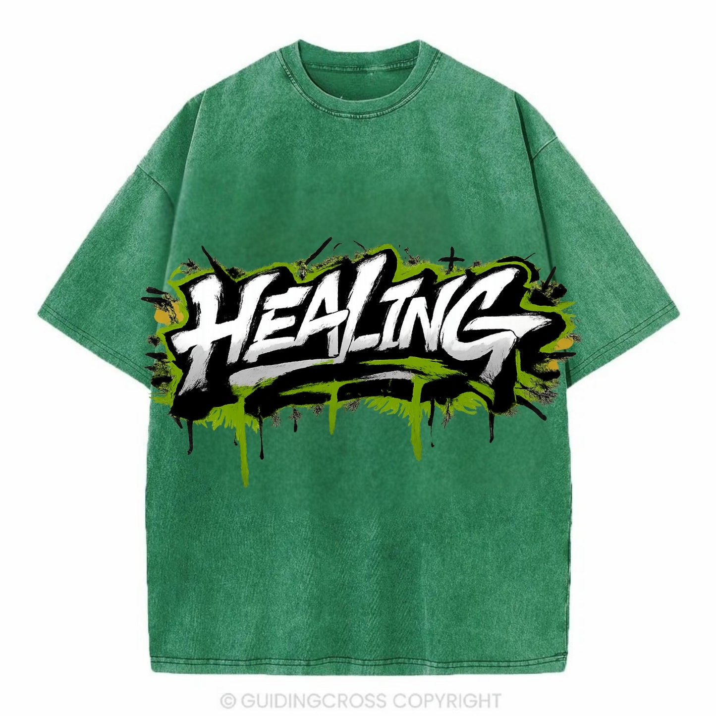 Bold typography design - "HEALING" - in recovery, getting better - Vintage T-shirt - Forest Mist(Green)