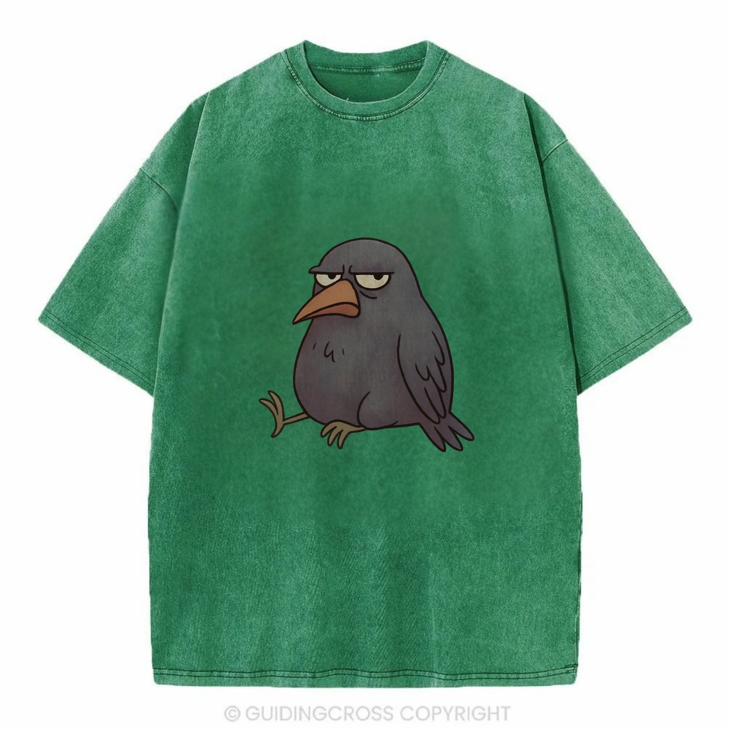 THE CROW JUDGES SILENTLY | Black crow with disapproving look - Vintage T-shirt - Forest Mist(Green)