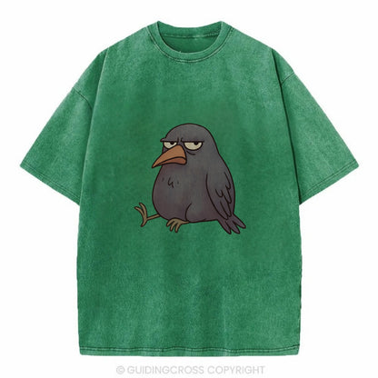 THE CROW JUDGES SILENTLY | Black crow with disapproving look - Vintage T-shirt - Forest Mist(Green)