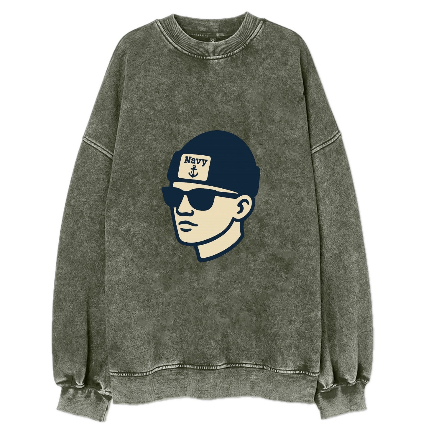 Annapolis Midshipman wearing Navy beanie with anchor patch - Vintage Sweatshirt - Forest Mist(Green)