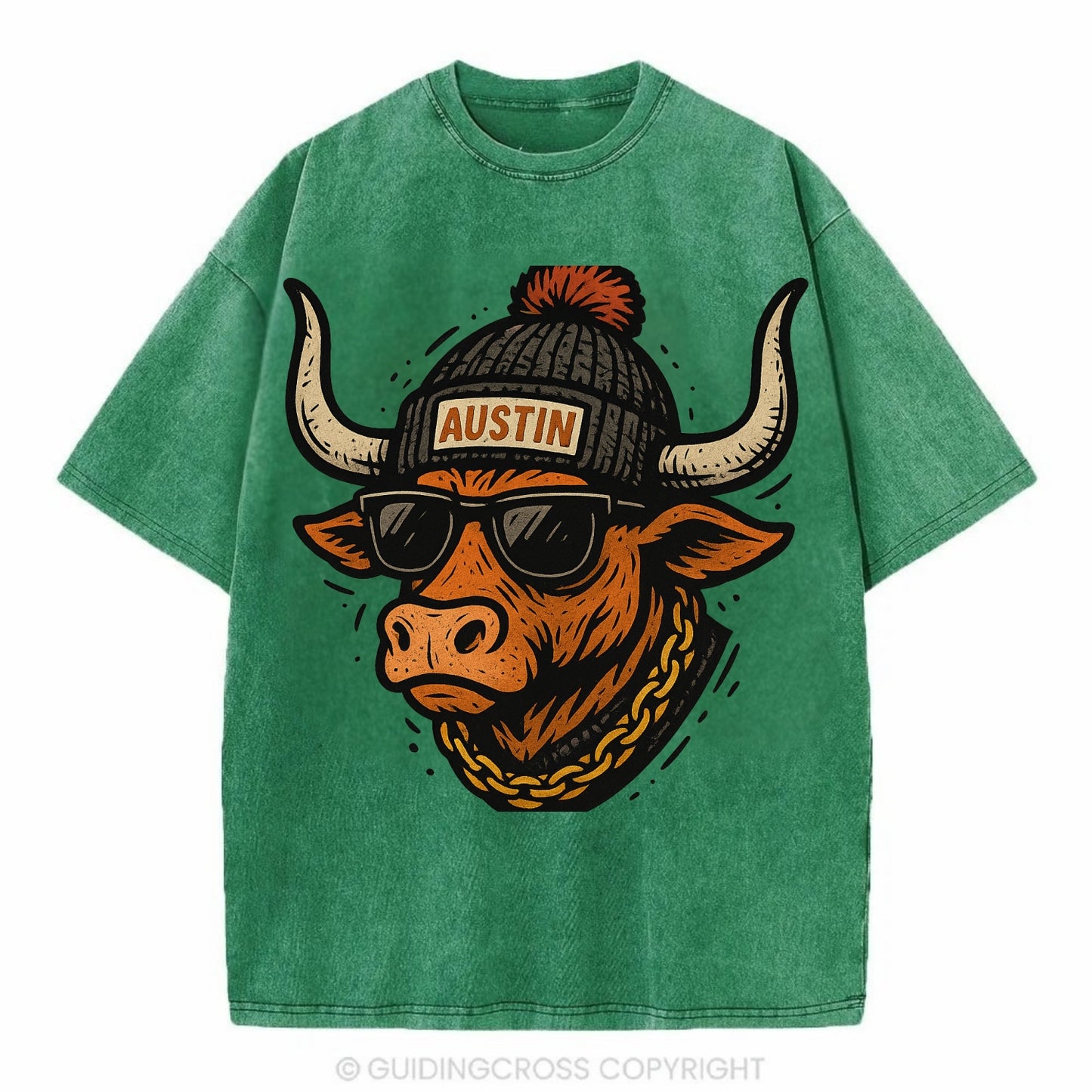 Texas Longhorn wearing Austin beanie with pom pom and wayfarer sunglasses - Vintage T-shirt - Forest Mist(Green)