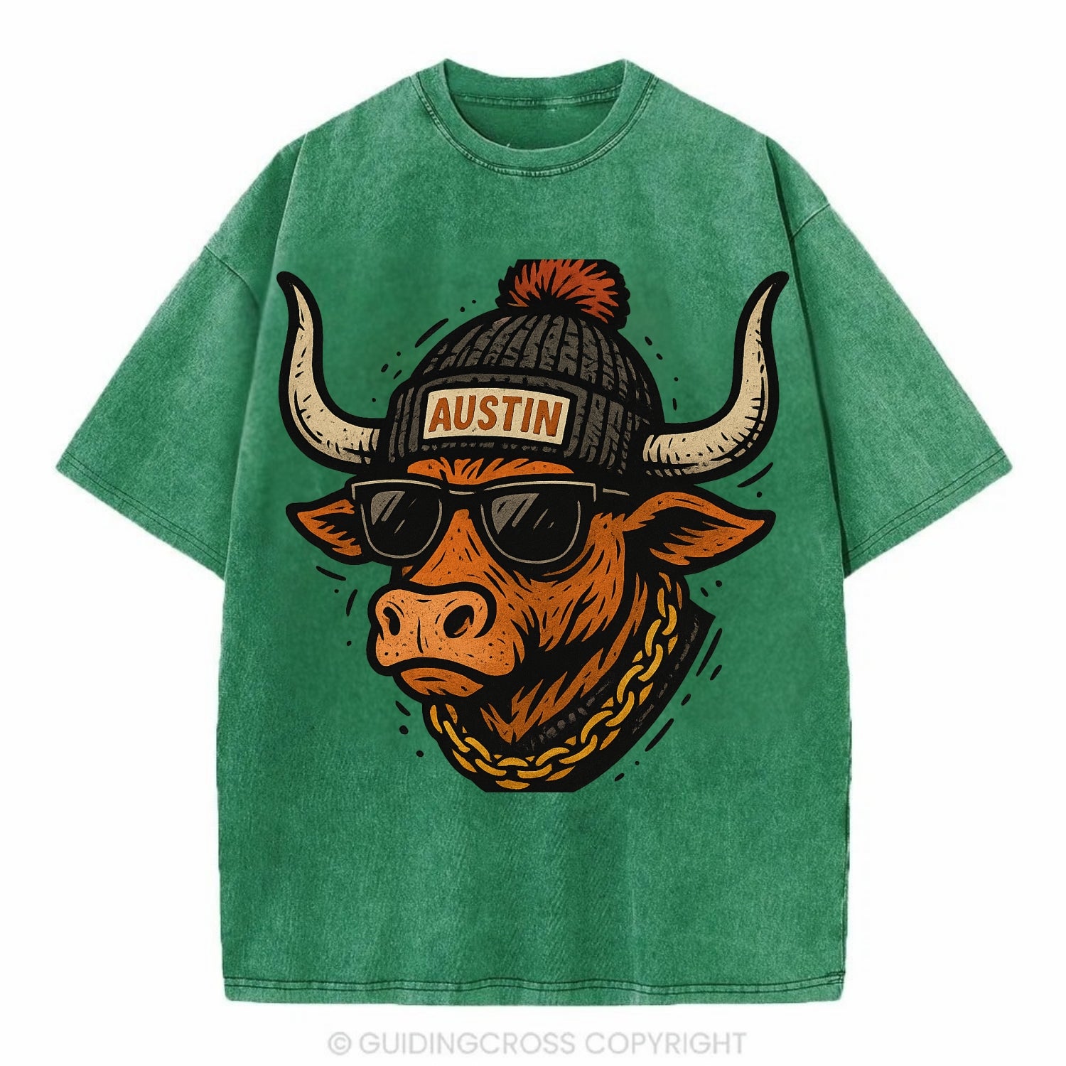 Texas Longhorn wearing Austin beanie with pom pom and wayfarer sunglasses - Vintage T-shirt - Forest Mist(Green)