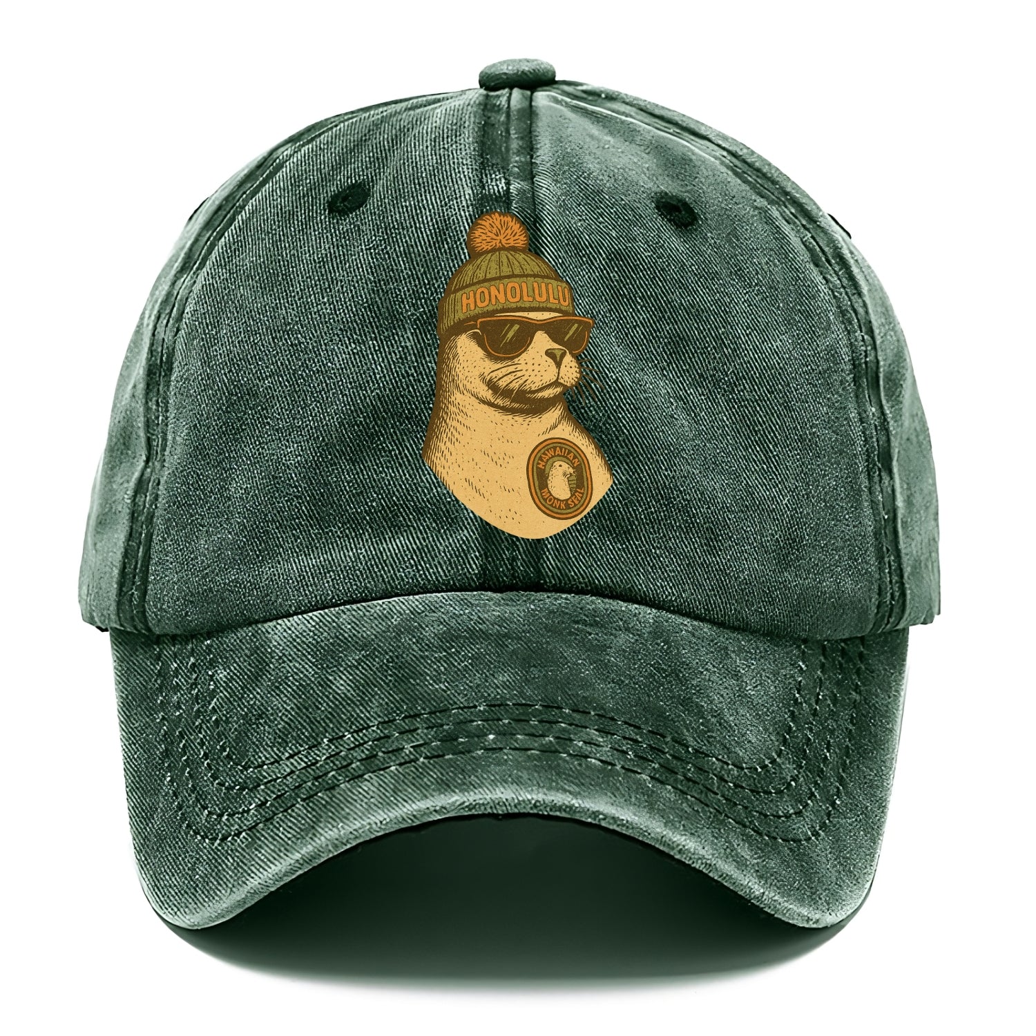 Hawaii Monk Seal wearing Honolulu beanie with pom pom and wayfarer sunglasses - Classic Cap - Forest Mist(Green)