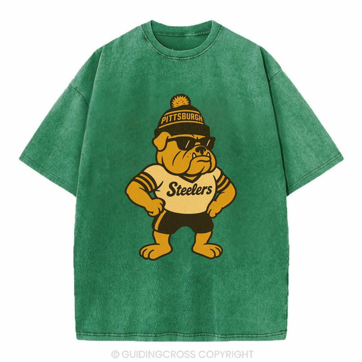 Pittsburgh Bulldog wearing Steelers black and gold beanie with pom pom and - Vintage T-shirt - Forest Mist(Green)