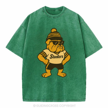 Pittsburgh Bulldog wearing Steelers black and gold beanie with pom pom and - Vintage T-shirt - Forest Mist(Green)
