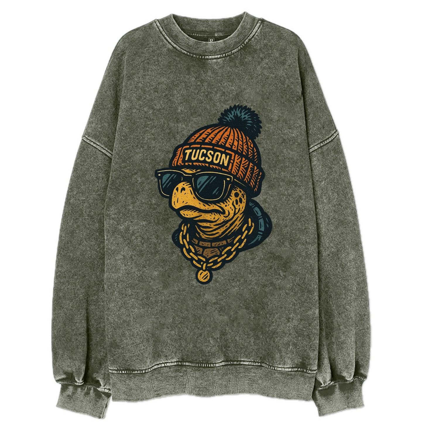 Tucson Desert Tortoise wearing Tucson beanie with pom pom and wayfarer - Vintage Sweatshirt - Forest Mist(Green)