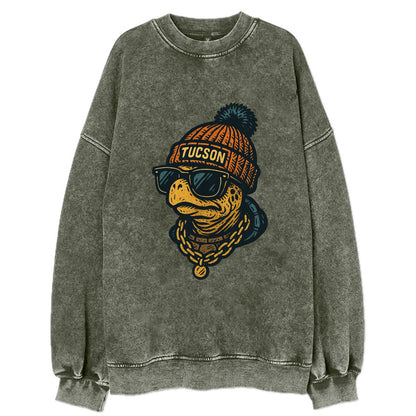 Tucson Desert Tortoise wearing Tucson beanie with pom pom and wayfarer - Vintage Sweatshirt - Forest Mist(Green)