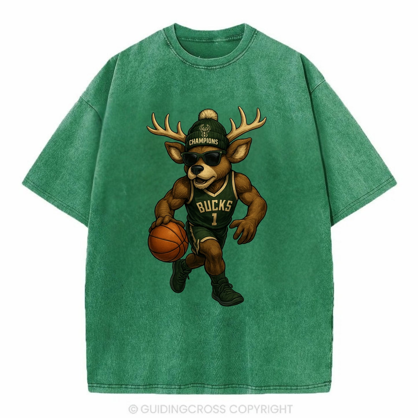 Milwaukee Buck Deer wearing Bucks green and cream beanie with antlers and - Vintage T-shirt - Forest Mist(Green)