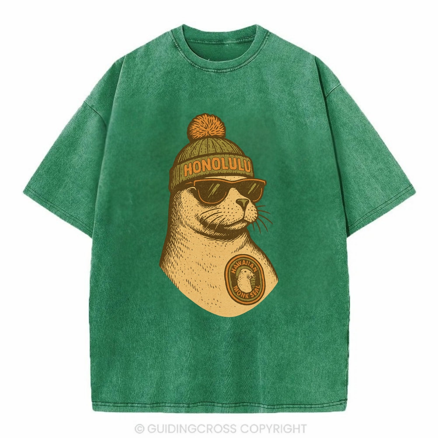 Hawaii Monk Seal wearing Honolulu beanie with pom pom and wayfarer sunglasses - Vintage T-shirt - Forest Mist(Green)