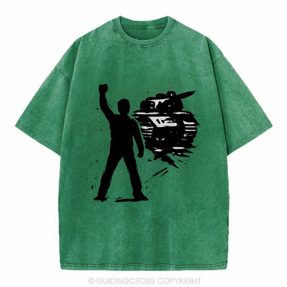 Single figure standing against tank - courage and resistance ink art - Vintage T-shirt - Forest Mist(Green)