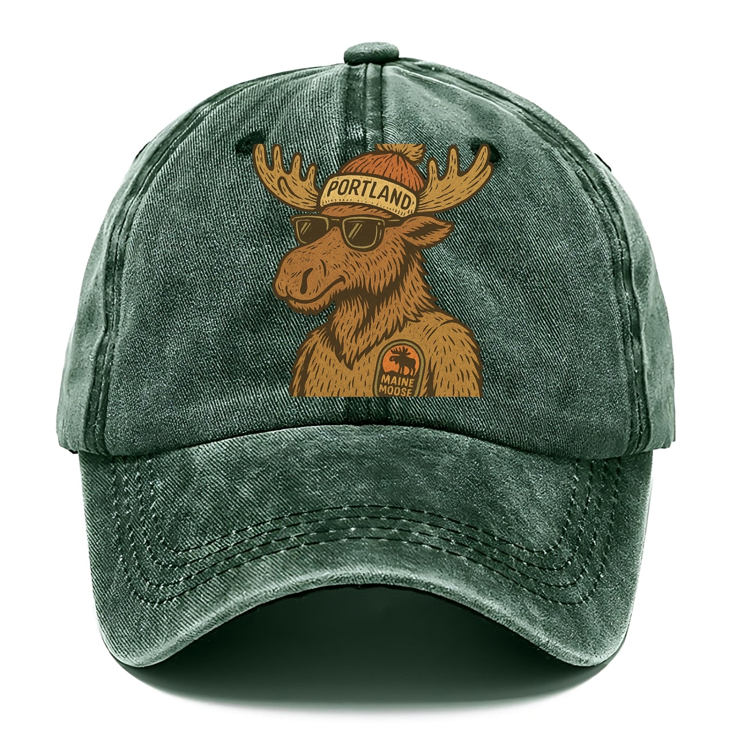 Maine Moose wearing Portland beanie with pom pom and wayfarer sunglasses - Classic Cap - Forest Mist(Green)