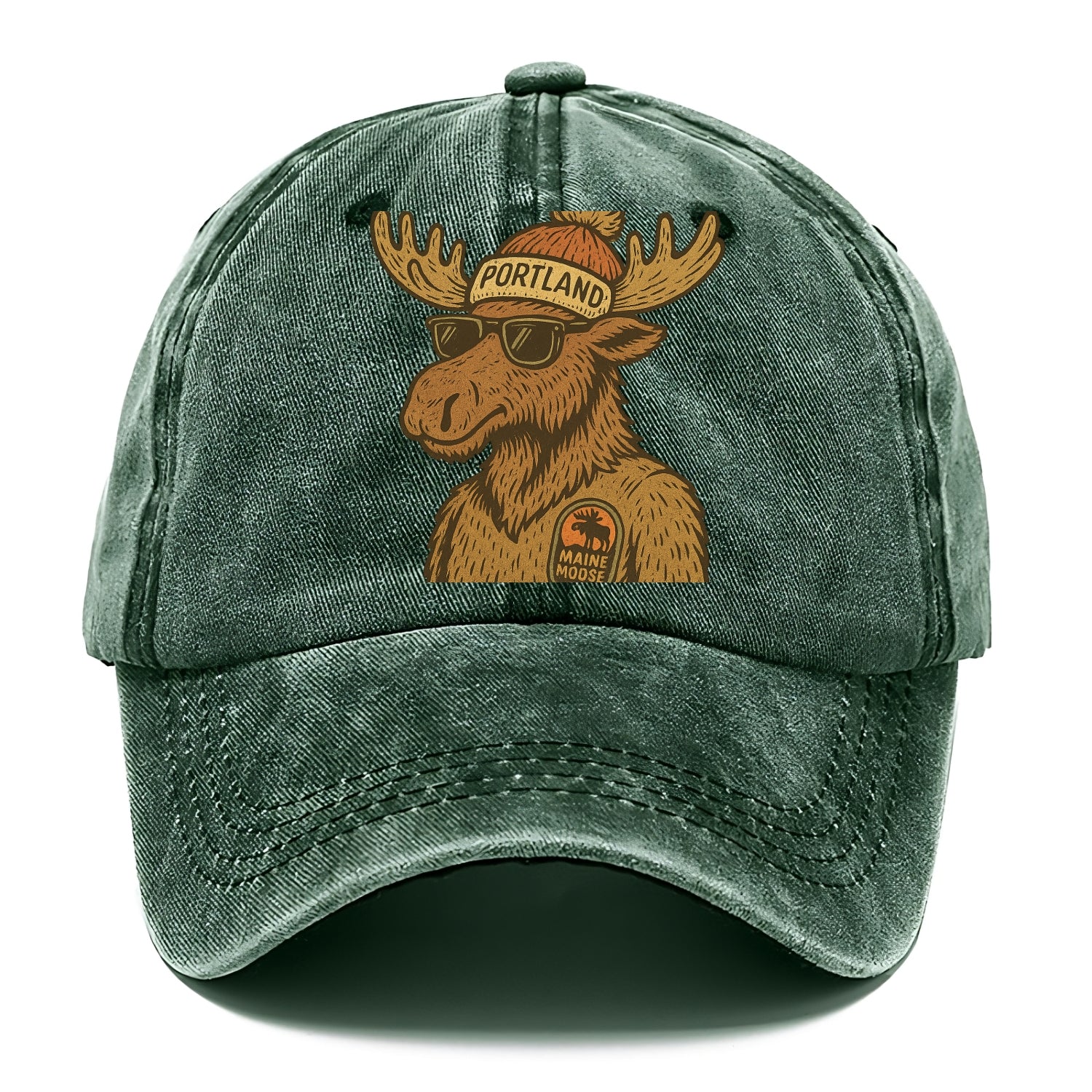 Maine Moose wearing Portland beanie with pom pom and wayfarer sunglasses - Classic Cap - Forest Mist(Green)