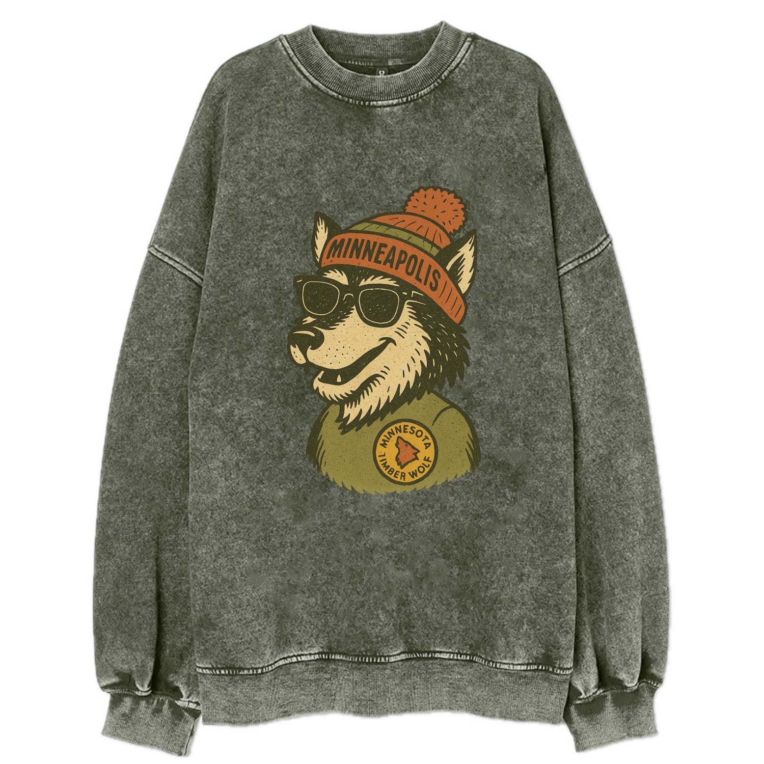 Minnesota Timber Wolf wearing Minneapolis beanie with pom pom and wayfarer - Vintage Sweatshirt - Forest Mist(Green)