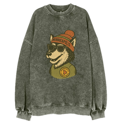 Minnesota Timber Wolf wearing Minneapolis beanie with pom pom and wayfarer - Vintage Sweatshirt - Forest Mist(Green)