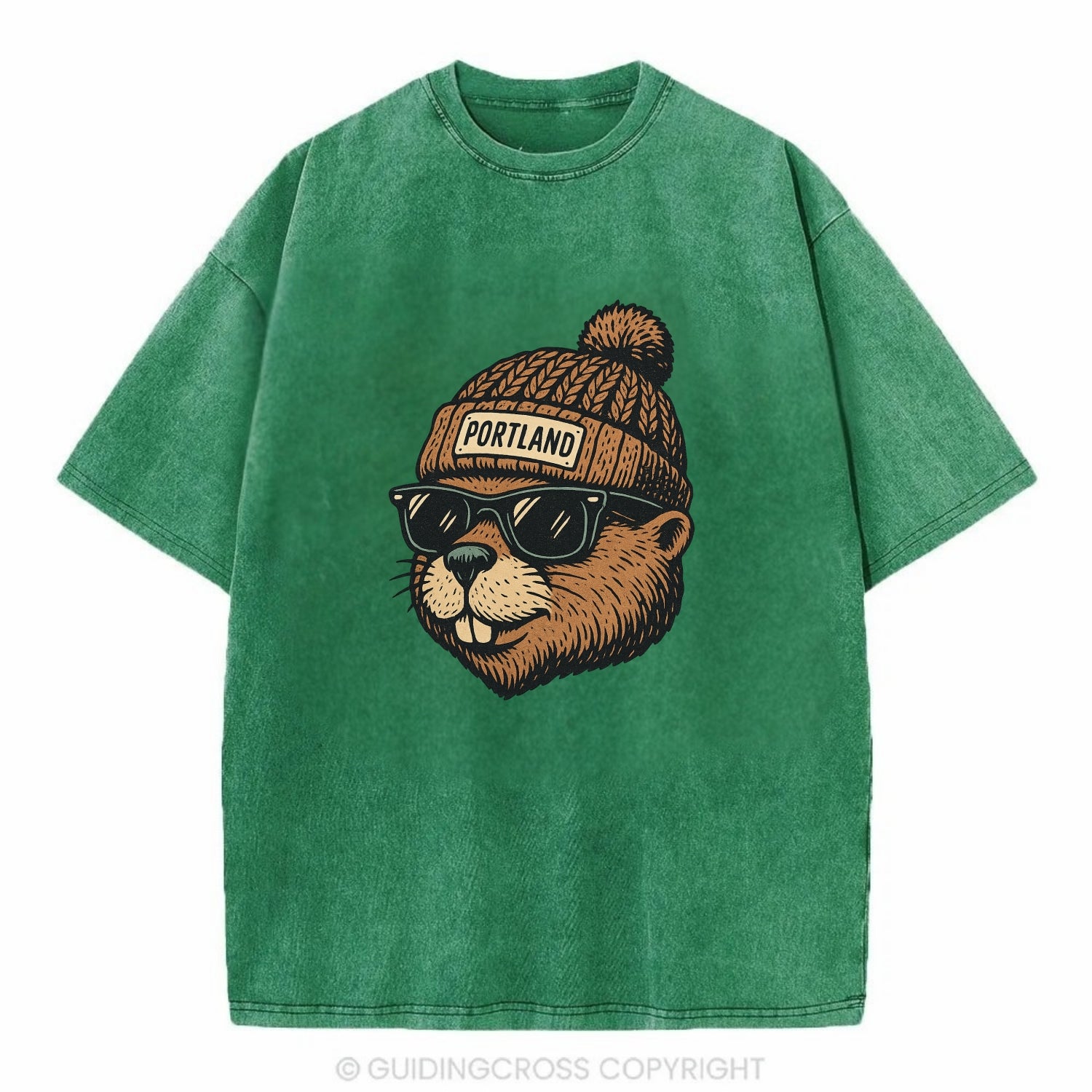 Portland Beaver wearing Portland beanie with pom pom and wayfarer sunglasses - Vintage T-shirt - Forest Mist(Green)