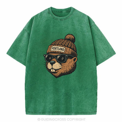 Portland Beaver wearing Portland beanie with pom pom and wayfarer sunglasses - Vintage T-shirt - Forest Mist(Green)