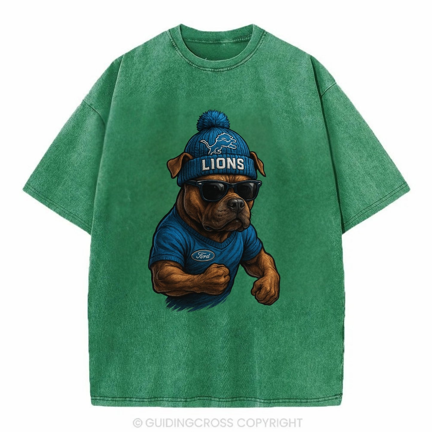Detroit Pitbull wearing Lions beanie with auto patch and wayfarer sunglasses - Vintage T-shirt - Forest Mist(Green)