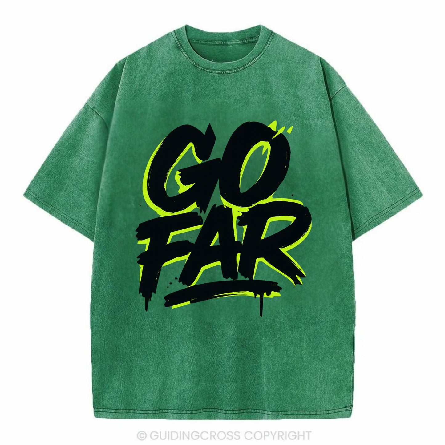 Bold typography design - "GO FAR" - distance goals, pushing limits - Vintage T-shirt - Forest Mist(Green)
