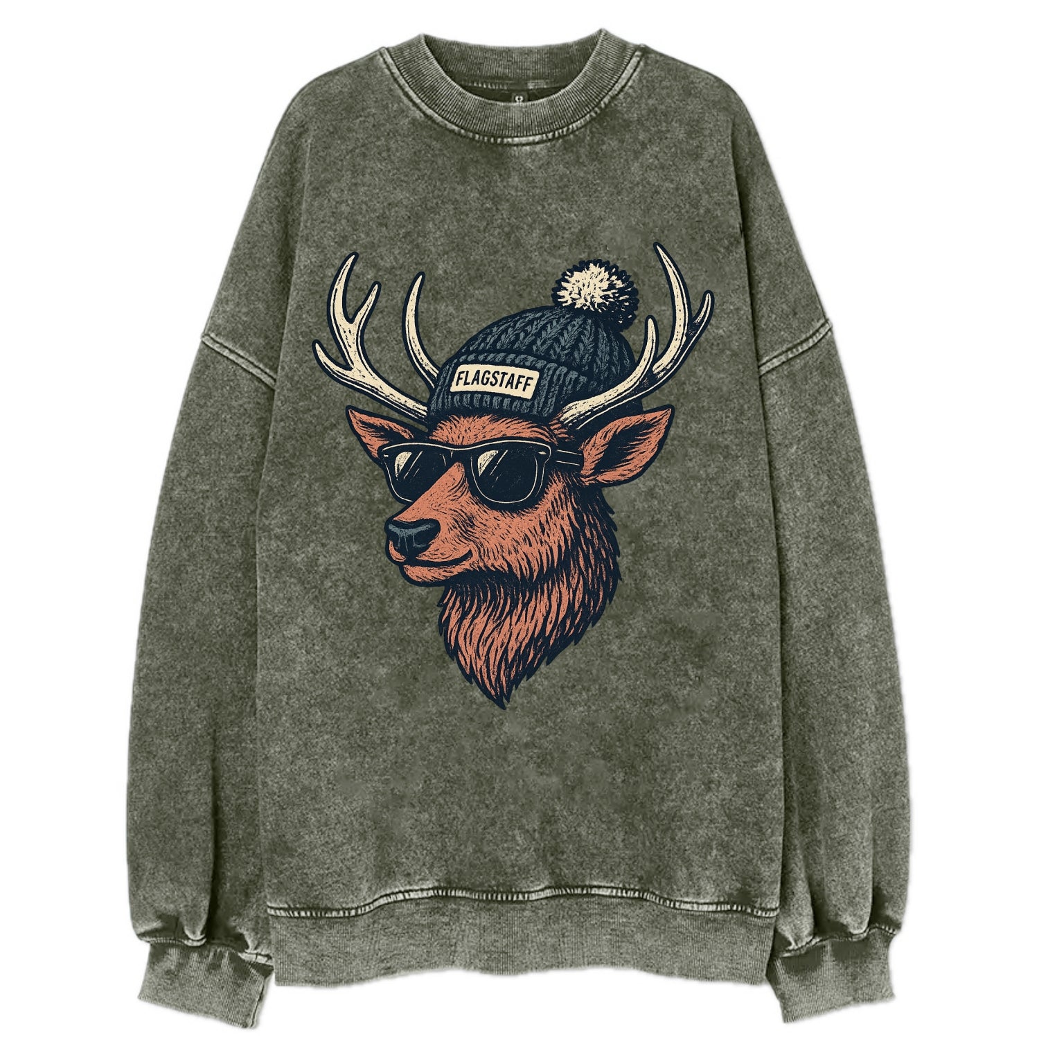 Flagstaff Elk wearing Flagstaff beanie with pom pom and wayfarer sunglasses - Vintage Sweatshirt - Forest Mist(Green)