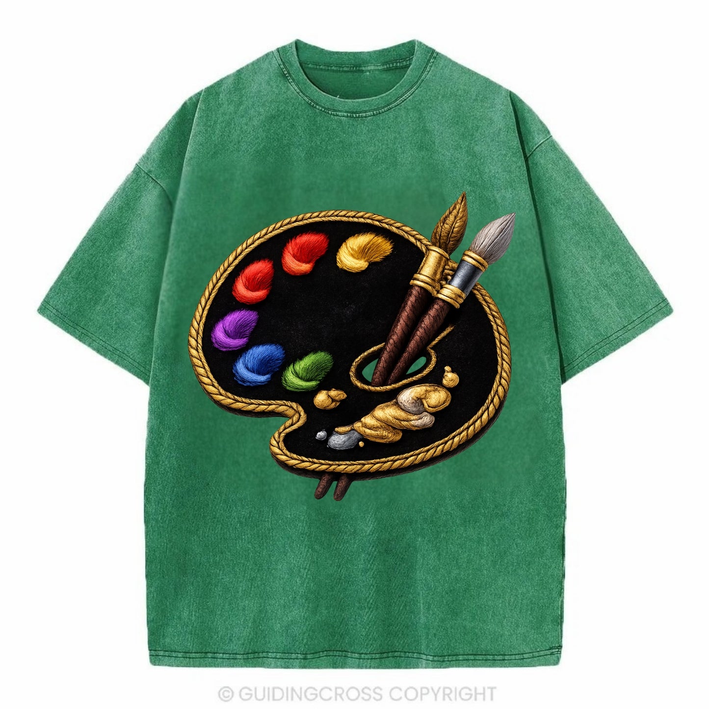 Embroidered patch design - PAINT PALETTE - artist palette with brushes in rainbow - Vintage T-shirt - Forest Mist(Green)