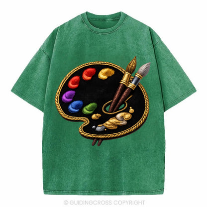 Embroidered patch design - PAINT PALETTE - artist palette with brushes in rainbow - Vintage T-shirt - Forest Mist(Green)