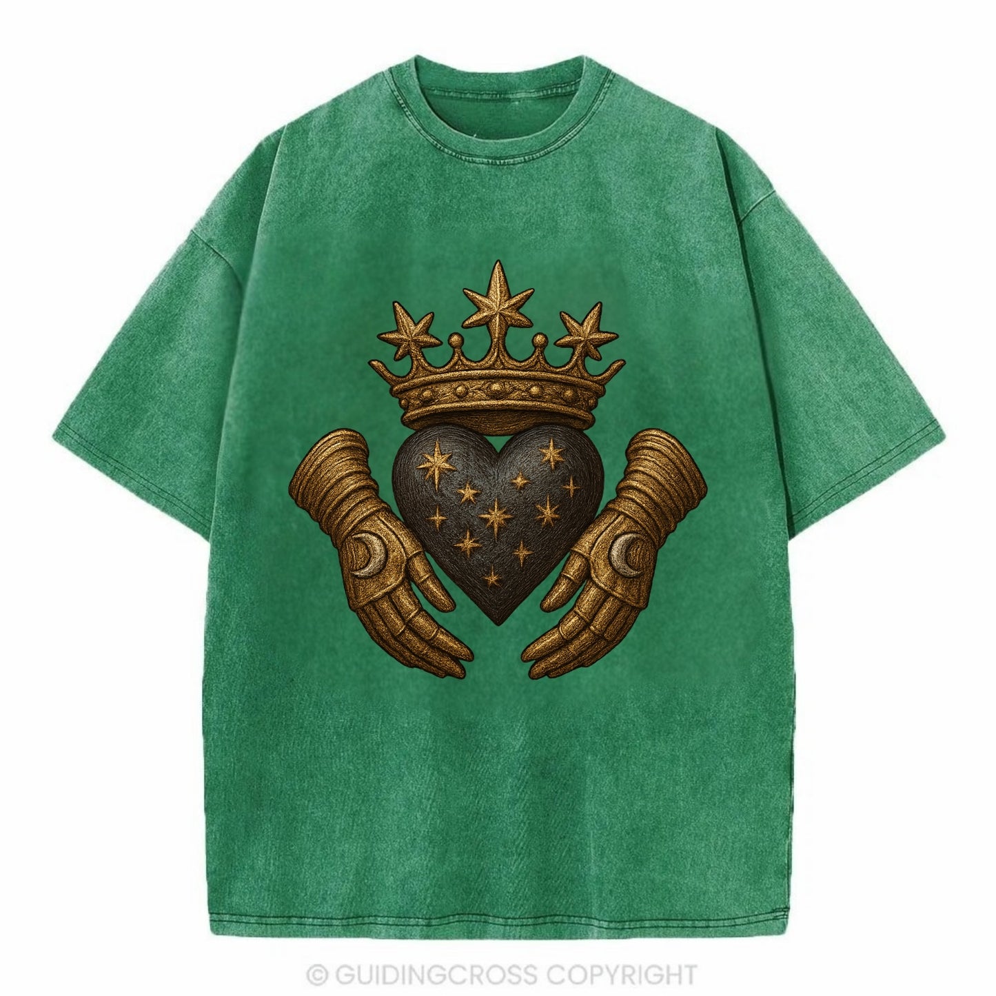 Ice crystal crown framing a frosted heart with fur-trimmed winter hands embracing - Vintage T-shirt - Forest Mist(Green)