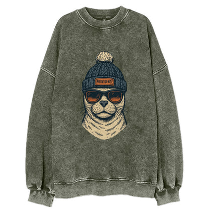 Rhode Island Harbor Seal wearing Providence beanie with pom pom and wayfarer - Vintage Sweatshirt - Forest Mist(Green)