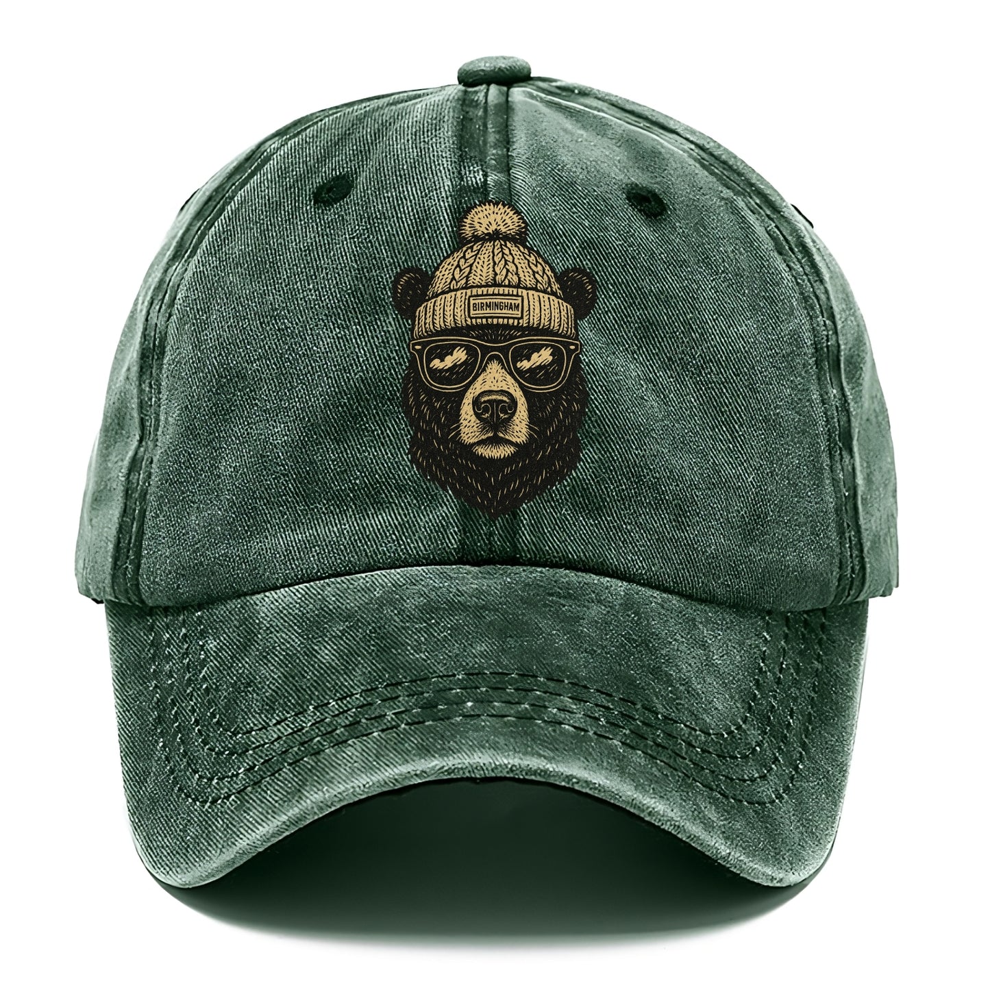 Alabama Black Bear wearing Birmingham beanie with pom pom and wayfarer sunglasses - Classic Cap - Forest Mist(Green)