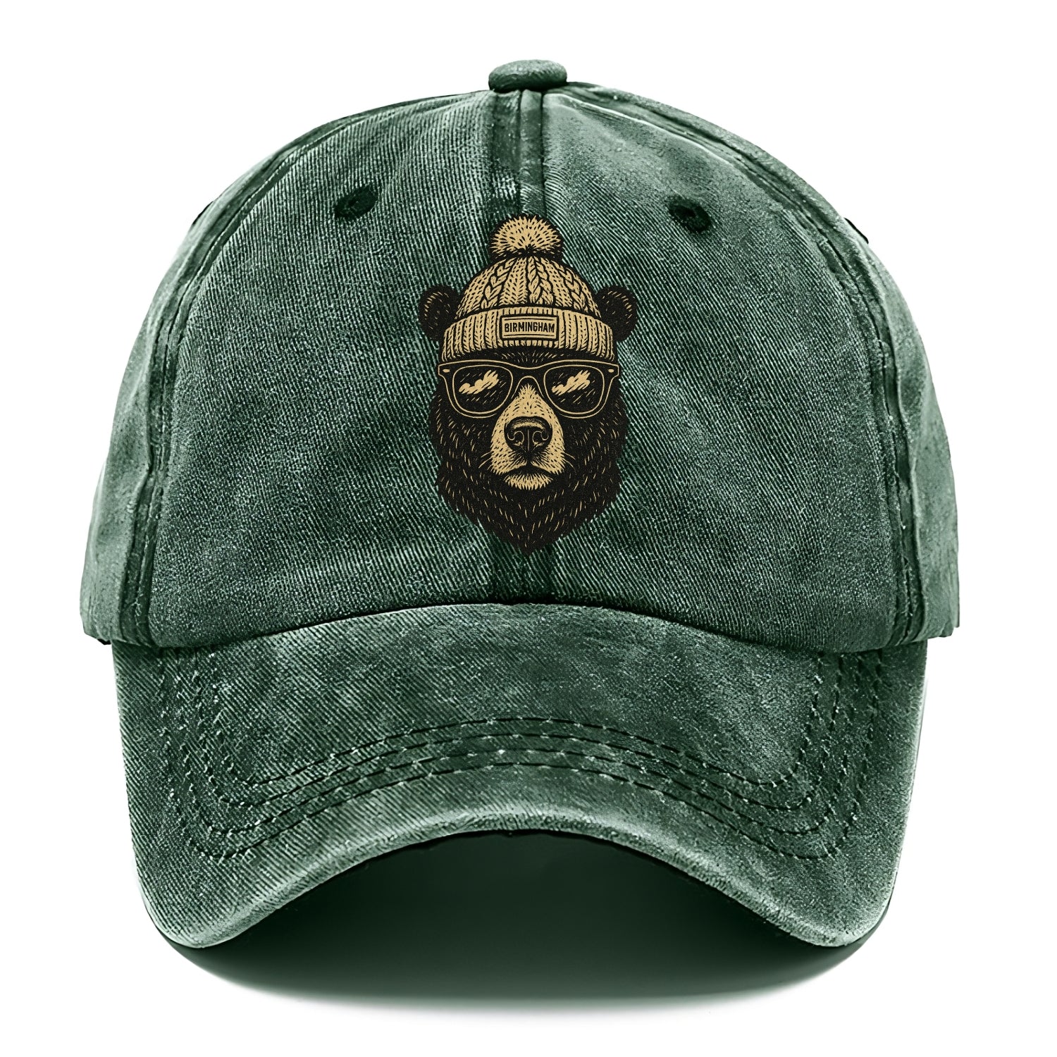 Alabama Black Bear wearing Birmingham beanie with pom pom and wayfarer sunglasses - Classic Cap - Forest Mist(Green)