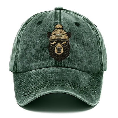 Alabama Black Bear wearing Birmingham beanie with pom pom and wayfarer sunglasses - Classic Cap - Forest Mist(Green)