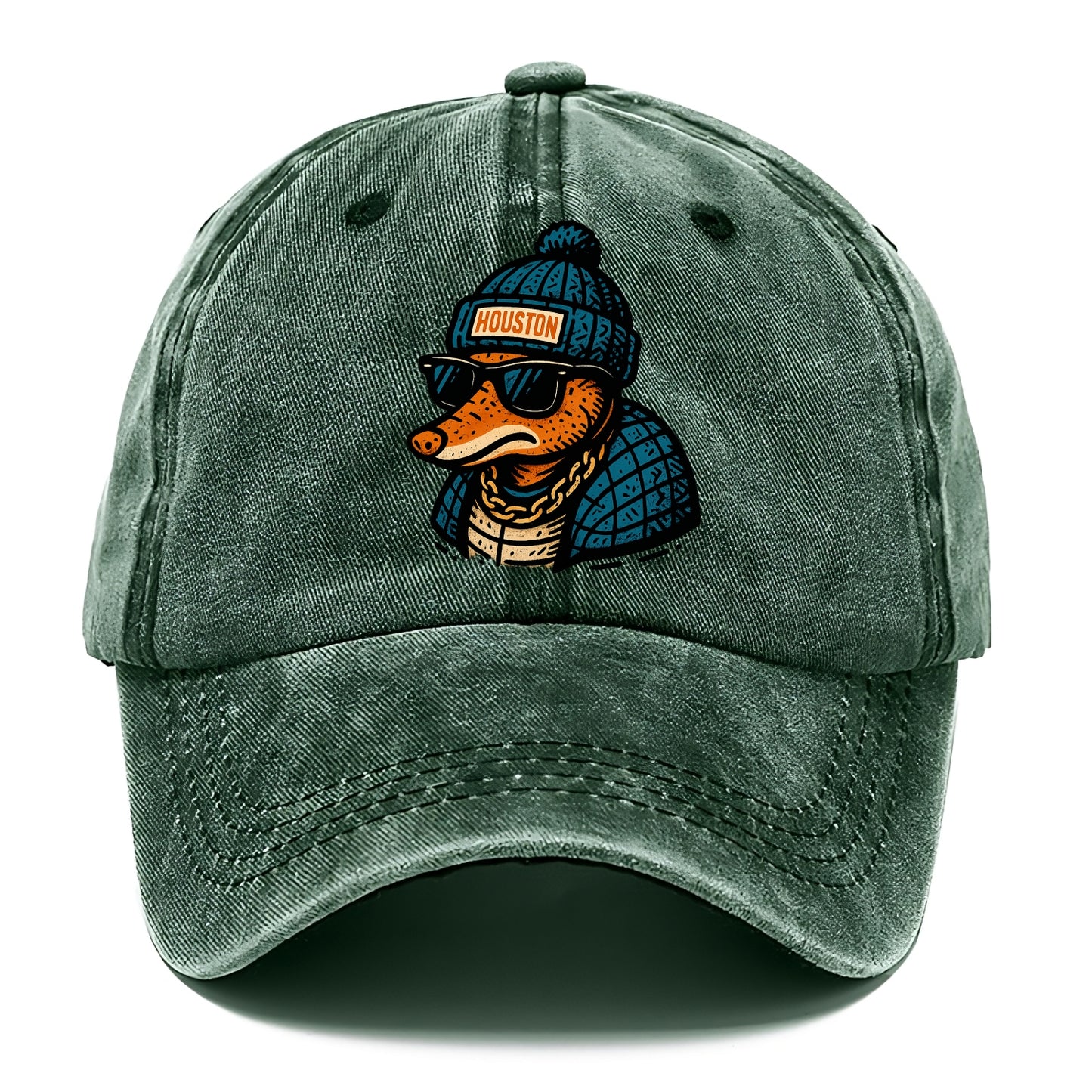 Houston Armadillo wearing Houston beanie with pom pom and wayfarer sunglasses - Classic Cap - Forest Mist(Green)