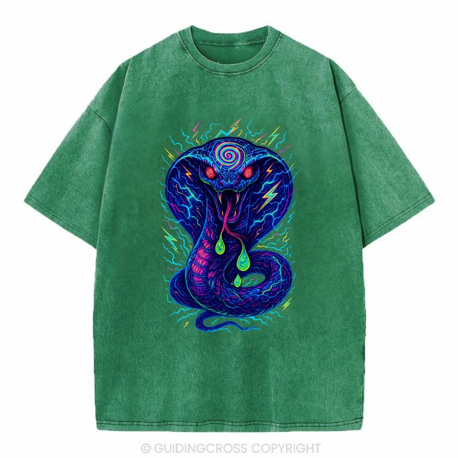 Mesmerizing cobra with hypnotic spiral patterns in the hood, scales that shimmer - Vintage T-shirt - Forest Mist(Green)