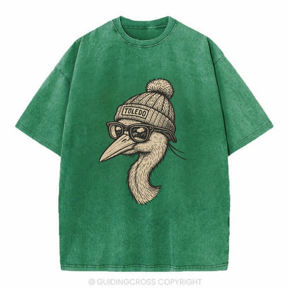 Toledo Great Blue Heron wearing Toledo beanie with pom pom and wayfarer sunglasses - Vintage T-shirt - Forest Mist(Green)